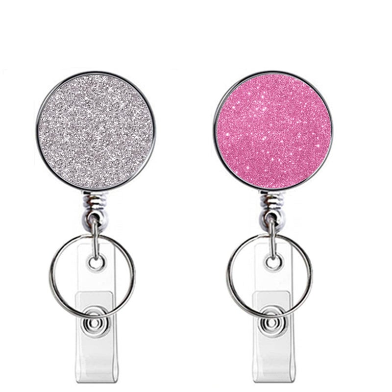 Boutilon Retractable Badge Holder, Retractable Badge Reels,Lightweight Plastic Badge Reel Card Holder with Key Ring Backing Belt Clip for Nurse,Volunteer,Teacher,Student(Glitter Pink Silver 2pack) - Image 1